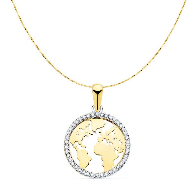 8K COLGANTE ORO BICOLOR BOLA MUNDO CON CIRCONITAS 16 MM. CAD. VENECIANA 42+3 CM