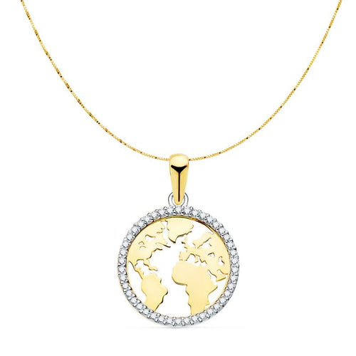 8K COLGANTE ORO BICOLOR BOLA MUNDO CON CIRCONITAS 16 MM. CAD. VENECIANA 42+3 CM