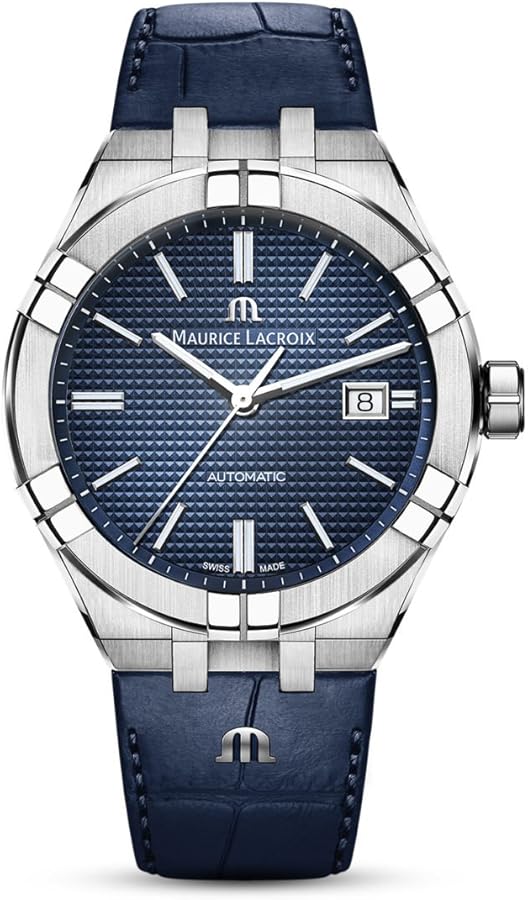 Maurice Lacroix AIKONIC Bisel Azul Manecillas Platead as Correa Azul Oscuro.  ai1000-ss001-430-1